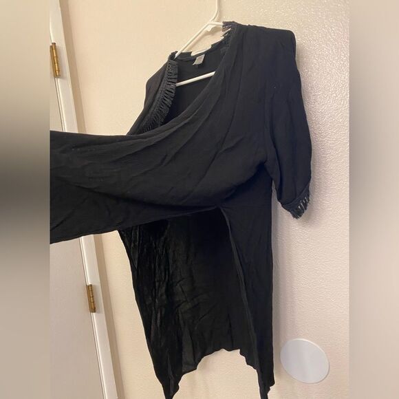 Treasure & Bond black boho fringe trim beachy coastal kimono swim coverup top OS - Picture 2 of 15